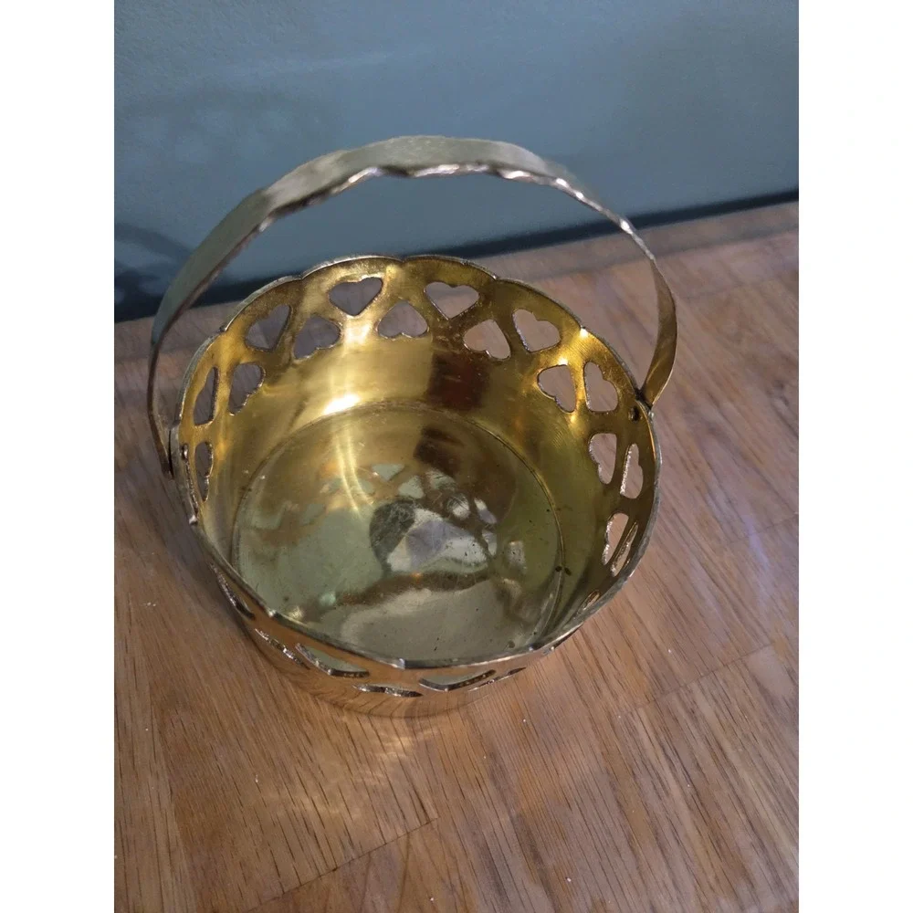 Brass Basket with Reticulated Heart Cut Outs Handle Candle Holder
